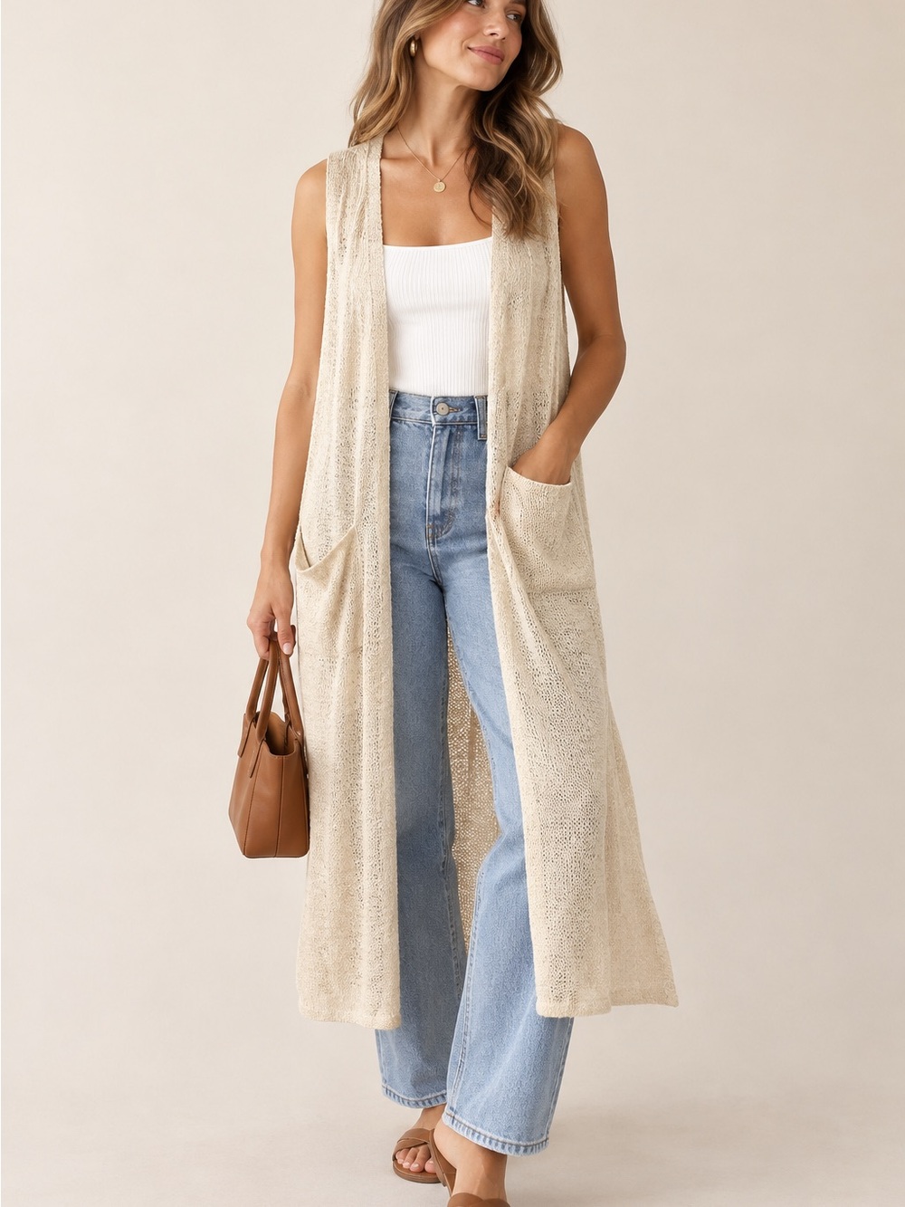 Pebble and Stone Beige Knit Long Pocket Vest size Medium